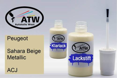 Peugeot, Sahara Beige Metallic, ACJ: 20ml Lackstift + 20ml Klarlack - Set, von ATW Autoteile West.